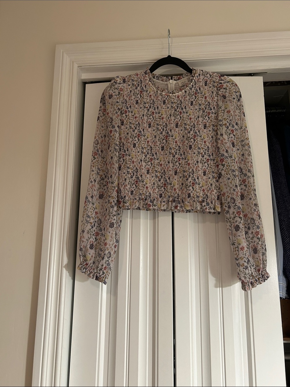 Aritzia White Multi Floral Smocked Long-Sleeve Blouse